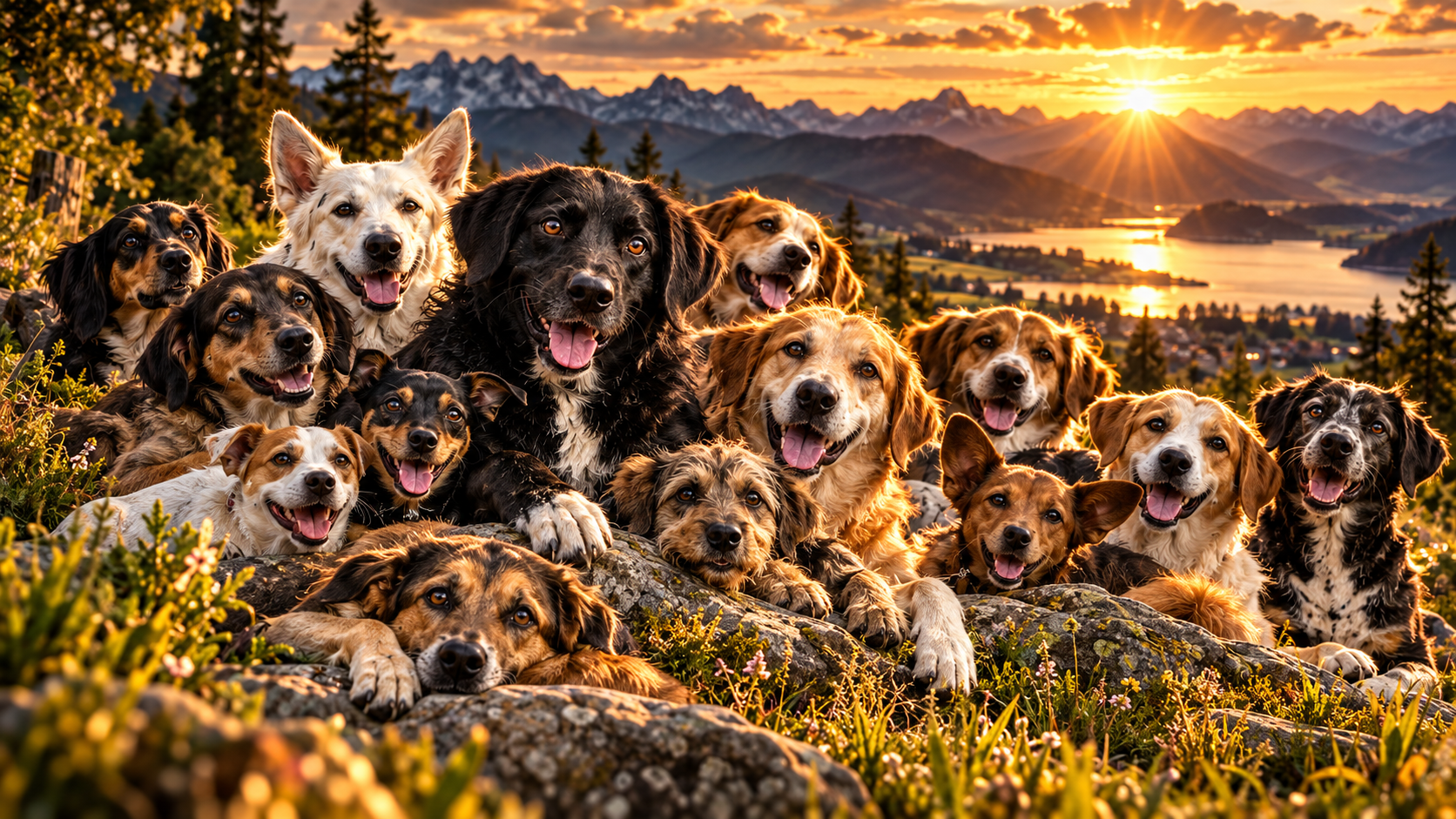 Viele Hunde gemeinsam in der Abendsonne in den Alpen