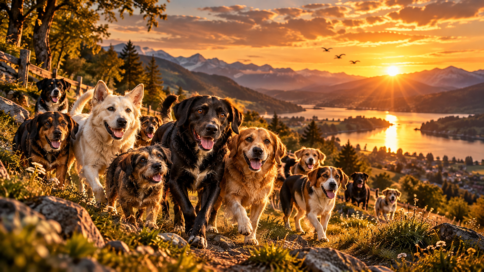 Viele Hunde auf einem Weg bei Sonnenuntergang